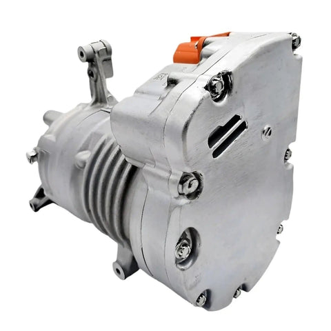 Electric AC Compressor Direct Fit Replacement For Tesla Model 3 and Model Y EV, silver metal build, side view with details.