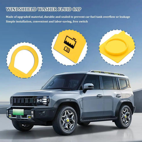 Yellow windshield washer fluid cap for car with close-up on durable material and design, car parked in the background.