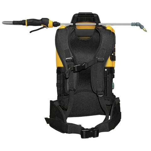 20V Lithium-Ion Battery Powered Backpack Sprayer Tool Only 4 Gallon Tank Workhorse For Pros Heavy-Duty Nylon Hose That Won't Kink Variflo Flow Control Triple Filtration Keeps Clogs Down Bright Yellow, showing back view with shoulder straps.