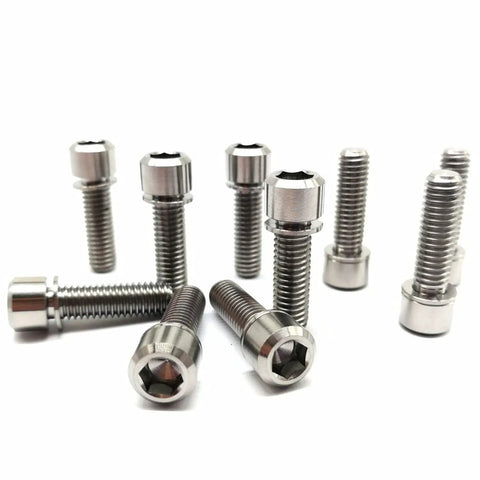 Rugged Aerospace Grade Titanium Bike Bolts M6X19mm Allen Hex Socket Set Of 10 Includes Washers on white background.