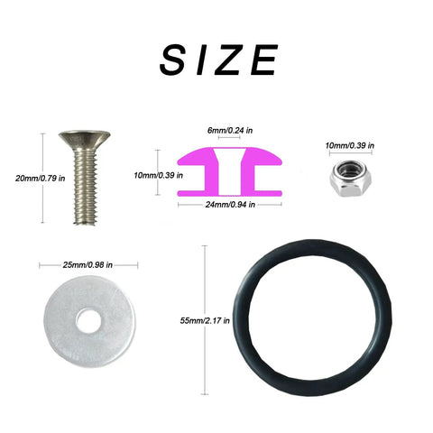 Universal CNC Billet Quick Release Front And Rear Bumper Fasteners Kit For Cars Stainless Steel Bolts Set 12 Piece With Purple O Rings Neo Chrome Finish Easy Install And Built To Last size chart showing components and measurements