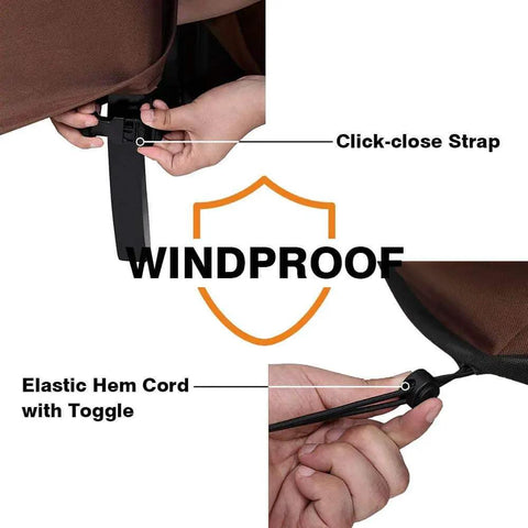 Detail of click-close strap and elastic hem cord on Waterproof Patio Furniture Cover With Padded Handles For Rectangular Dining Table And Chairs Heavy Duty 600D Oxford UV Stabilized And Weatherproof Coating Outdoor All Weather Protection For Table And Chairs Medium.