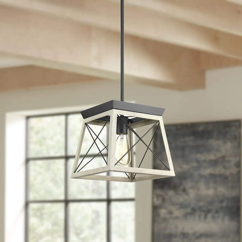 Briarwood Collection One Light Coastal Mini Pendant With Faux Wood Look Enclosure In Graphite Black Finish, shown in a modern room.