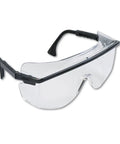The Real Deal Over the Glass OTG Safety Eyewear with Black Frame and True Clear Lens, viewed from the side, anti-fog tech.