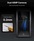 xTool F2 Ultra laser engraver, black metal chassis with dual 48MP cameras and blue laser beams (front view)