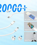 60W Dual USB C Car Charger With Cigarette Lighter Socket Includes Type C Cable And Lightning Cable Fast PD Charging showing cable durability and structure with MFi chips, stable design, and anti-rupture features.