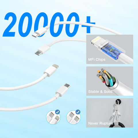 60W Dual USB C Car Charger With Cigarette Lighter Socket Includes Type C Cable And Lightning Cable Fast PD Charging showing cable durability and structure with MFi chips, stable design, and anti-rupture features.