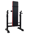 Weight Bench With Squat Rack And Adjustable Recliner, foldable, vertical position, red and black color scheme