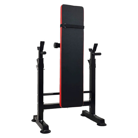 Weight Bench With Squat Rack And Adjustable Recliner, foldable, vertical position, red and black color scheme