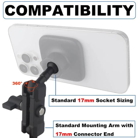 17mm Ball Mount Extension Arm With Double Socket For Garmin GPS And Vehicle Phone Holder 360 Degree Swivel Aluminum Mount Fits Car Dash Windshield Suction Cup And Air Vent Durable For GPS And Camera, shown with 17mm socket compatibility