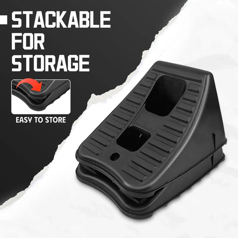 4 Pack Wheel Chocks For Travel Trailers And RVs, Non Slip Stackable And Lightweight Wheel Stoppers, black, shown stacked