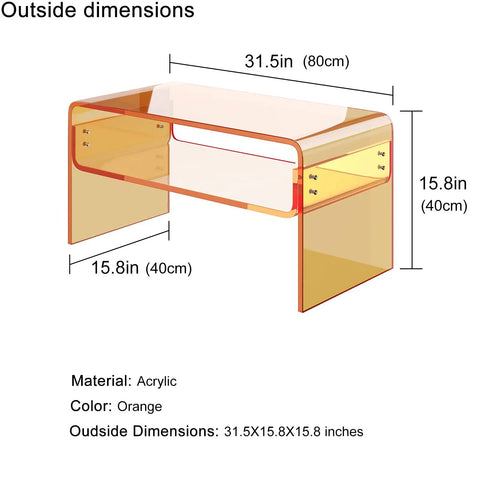 Orange Acrylic Coffee Table With Open Storage Two Tier Clear Modern Coffee Table For Living Room Office Reception And Bedroom Transparent Side Table With A Dope See Through Look And Durable Build, 31.5 x 15.8 x 15.8 inches