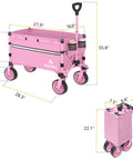 Collapsible Folding Wagon Cart With 360 Degree Wheels And Extendable Handle, Heavy Duty Workhorse Utility Wagon For Grocery, Camping, Garden, Sports Gear, 120L Pink, shown in folded and unfolded views with dimensions.