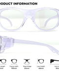 Ultra Lightweight TR90 Safety Glasses With Anti Fog Coating And UV400 Lenses, clear frame, side and front views displayed