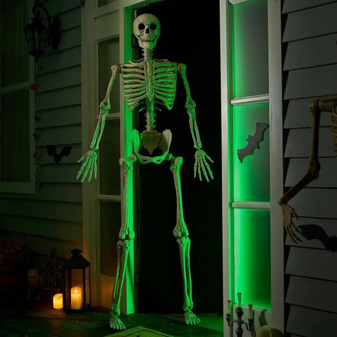 6.9 Foot Poseable Life Size Skeleton For Halloween Decor in doorway, green lighting backdrop