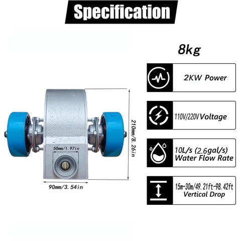 Front view of 2KW Micro Hydroelectric Generator For Home Use 110V 230V Portable Water Turbine, aluminum body and blue connectors.