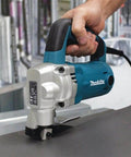 10 Gauge Sheet Metal Shear With Low Noise 81 dB, 2-Inch Cut Radius, Lock-On Switch in use for pro-grade metal cutting