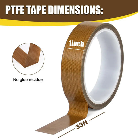 Heavy Duty Pro Grade PTFE Teflon Glass Cloth Tape 1 Inch By 33 Feet 0.18mm Thick Non Stick High Temperature Adhesive for Vacuum Sealers