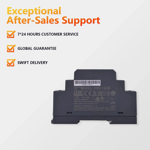Ultra Slim DIN Rail Power Supply 24V 15W Compact Cabinet Adapter back view showing model details and safety certifications.