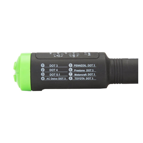 Close-up of Must Have Brake Fluid Moisture Tester Digital Meter for DOT 3 DOT 4 DOT 5.1 With LED Indicator, green tip