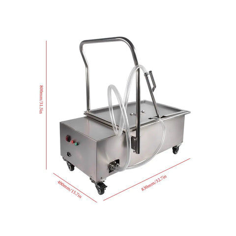 Heavy Duty Commercial Fryer Filter Machine For Restaurant 55L Oil Strainer with stainless steel frame and hoses, dimensions 830x400x800mm.