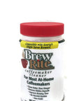 Brew Rite coffee maker cleaner descaler for home brews, red lid, 227g container, removes mineral buildup odors and stains.