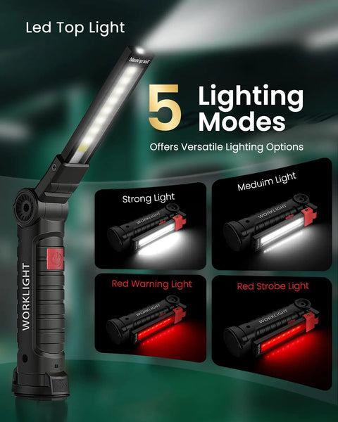 Rechargeable LED Work Light With Magnetic Base 360 Degree Rotation 5 Modes Foldable Portable Grill And Workshop Light For DIY Car Tools 4 Pack Black Set showcasing lighting modes.