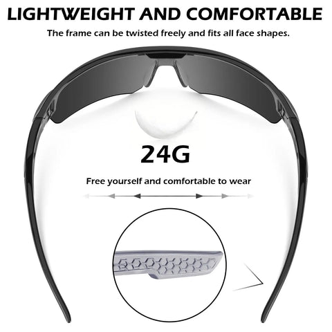 Lightweight and comfortable design of 12 Pack ANSI Z87.1 Safety Glasses For Men And Women, showing gray frame and flexibility.