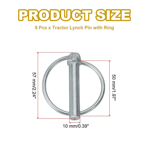 M10x50 Tractor Lynch Pin With Ring 8 Pack Built Tough Heavy Duty Lock Pin Clips Kit For Tractors Trailers Farm Trucks And Mowers Carbon Steel Durable Silver Tone Finish, 10mm x 50mm ring pin size