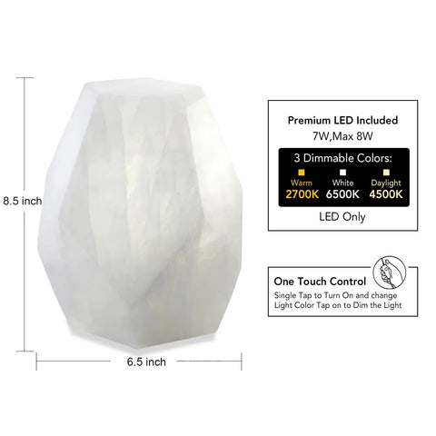 Handcrafted Dope Solid Calcite Table Lamp Carved From Natural Stone With Unique Crystal Veins Pentagon White