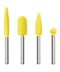 Four Piece Fine Grit Tungsten Carbide Rotary Burr Set With One Eighth Inch Shank for wood, plastic, and foam detail shaping.
