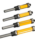 Cool Flush Trim Router Bit Set With 1/4 Inch Shank Plus Heavy Duty 1/2 Cut Diameter For Smooth Wood Trimming And Professional Grade Finish, four bits.