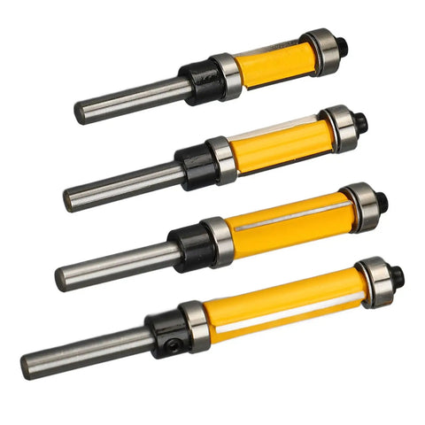 Cool Flush Trim Router Bit Set With 1/4 Inch Shank Plus Heavy Duty 1/2 Cut Diameter For Smooth Wood Trimming And Professional Grade Finish, four bits.