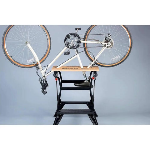Portable Work Bench With Vise And Adjustable Height Legs, Heavy Duty Steel Frame Supports Up To 450 Lbs with bike on top