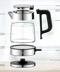 Exploded view of Electric Glass Kettle 1L, Fast 1500W Boil, Cordless Tea Kettle With LED Indicator, BPA Free, showing parts.