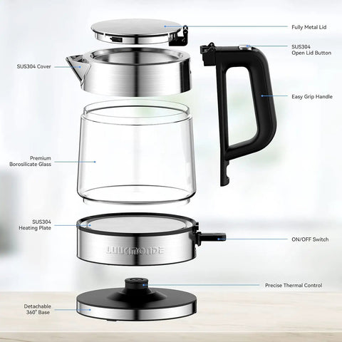 Exploded view of Electric Glass Kettle 1L, Fast 1500W Boil, Cordless Tea Kettle With LED Indicator, BPA Free, showing parts.
