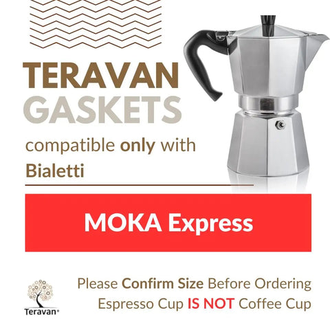 Replacement Silicone Gasket Kit For Bialetti Moka Express 12 Cup Includes Three Gaskets And Filter Plate Fits 74 mm Inner Diameter And 90 mm Outer Diameter Keeps Your Espresso Pot Sealed And Brewing Strong image with stove espresso maker and size compatibility note.