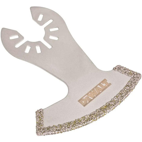 Diamond Grit Oscillating Tool Blade with Swing Design for tight access and long life carbide edge for aggressive material removal.