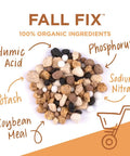 Fall Fix 5 5 5 100 Percent Organic Grass Fertilizer ingredients with humic acid, phosphorus, sodium nitrate, potash, soybean meal.