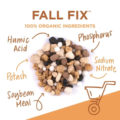 Fall Fix 5 5 5 100 Percent Organic Grass Fertilizer ingredients with humic acid, phosphorus, sodium nitrate, potash, soybean meal.