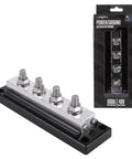 Beefy 600Amp 4 Post Power And Ground Distribution Busbar With Nickel Plated Copper Terminals 3/8 Inch Studs 14Mm Locknuts Rock Solid Car Audio Wiring Harness Setup Made In Usa Black on display with packaging.