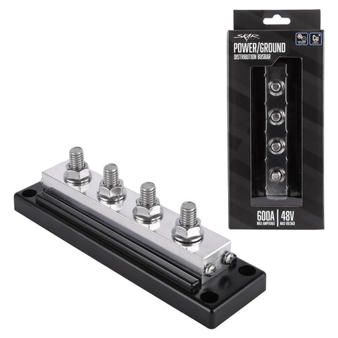 Beefy 600Amp 4 Post Power And Ground Distribution Busbar With Nickel Plated Copper Terminals 3/8 Inch Studs 14Mm Locknuts Rock Solid Car Audio Wiring Harness Setup Made In Usa Black on display with packaging.