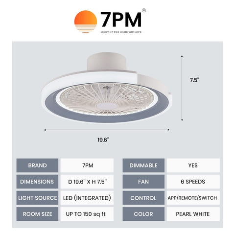 Bladeless Ceiling Fan With LED Lights And Remote 20 Inch Low Profile Flush Mount product image with dimensions and features