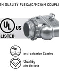 Heavy Duty Metal Conduit Connectors 5 Pack Double Outlet Wire Harness Clamps 3/8 Inch Cables Code Compliant Grounding Continuity Pro Move Shop Staple Job Site Ready Gear, zinc die-cast coupling with anti-oxidation coating.