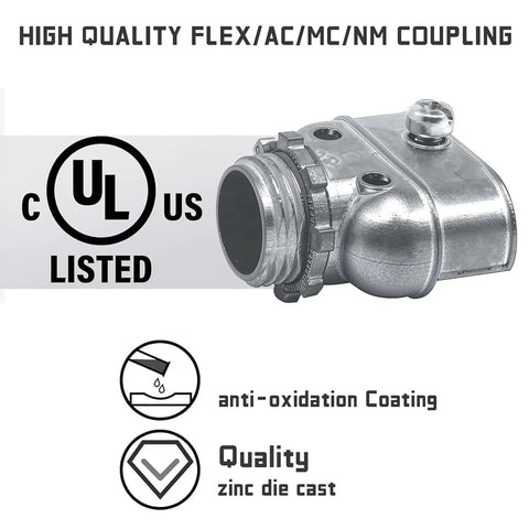 Heavy Duty Metal Conduit Connectors 5 Pack Double Outlet Wire Harness Clamps 3/8 Inch Cables Code Compliant Grounding Continuity Pro Move Shop Staple Job Site Ready Gear, zinc die-cast coupling with anti-oxidation coating.