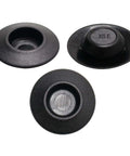 Three black plastic hole plugs from 141 Piece Auto Body Black Plastic Hole Plugs Kit Pro Grade with flush mount and button style assortment for sheet metal.