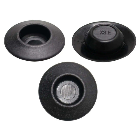Three black plastic hole plugs from 141 Piece Auto Body Black Plastic Hole Plugs Kit Pro Grade with flush mount and button style assortment for sheet metal.