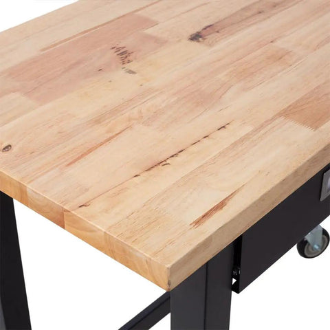 Close-up of 48 Inch Heavy Duty Mobile Workbench With 2 Drawers Solid Rubber Wood Top showing wood grain with black steel frame