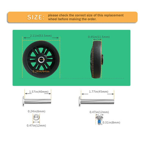 Diagram of Luggage Wheel Replacement Kit for Suitcases and Travel Bags with 2.11 inch wheels, axles, and size measurements shown.