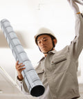 Worker installing Two Pack 4 Inch Round Spiral Air Ducts, 45 Inch Long Threaded Metal Ducts, Galvanized Steel Dryer Vent Hose